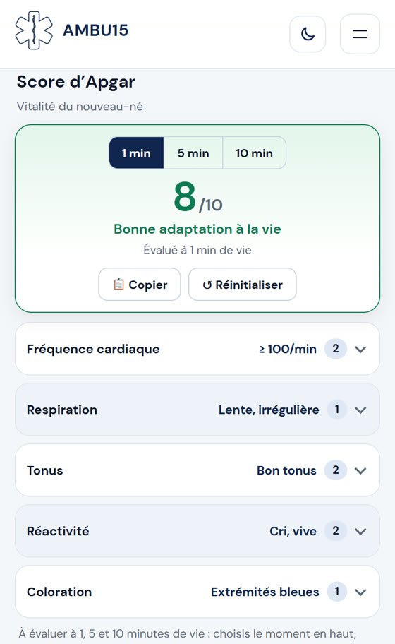 Score d’Apgar sur Ambu15 : 8 sur 10 à 1 minute, bonne adaptation à la vie