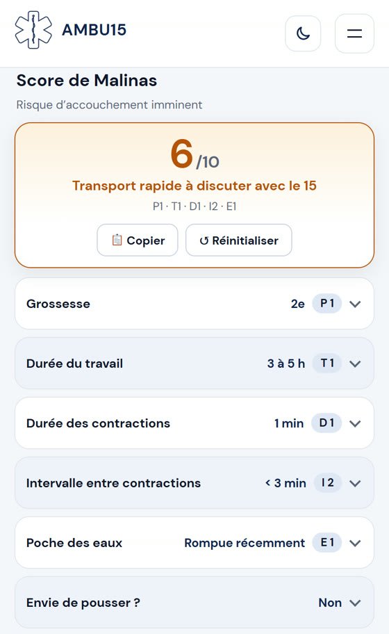Score de Malinas sur Ambu15 : 6 sur 10, transport rapide à discuter avec le 15