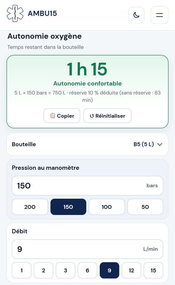 Calcul de l’autonomie d’une bouteille d’oxygène sur Ambu15 : 1 h 15 pour une B5 à 150 bars à 9 L/min
